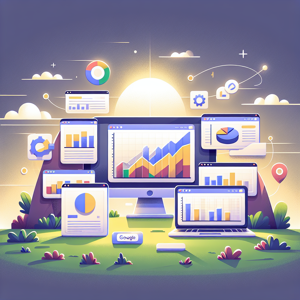 Datorskärmar och bärbar dator visar färgglada diagram och grafer i en digital landskapsmiljö med symboler för datahantering och SEO kring dem, under en solig himmel.