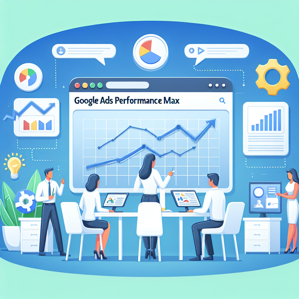 En grupp människor analyserar data på en skärm med texten "Google Ads Performance Max", omgivna av olika grafer och ikoner i ett kontorsmiljö.