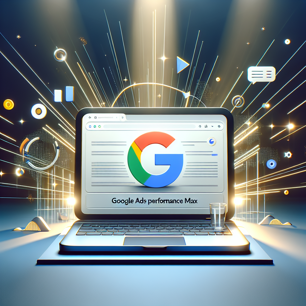 En laptop visar sökmotorn Google med texten "Google Ads performance Max", omgiven av ljuseffekter och digitala ikoner som symboliserar internet och data.