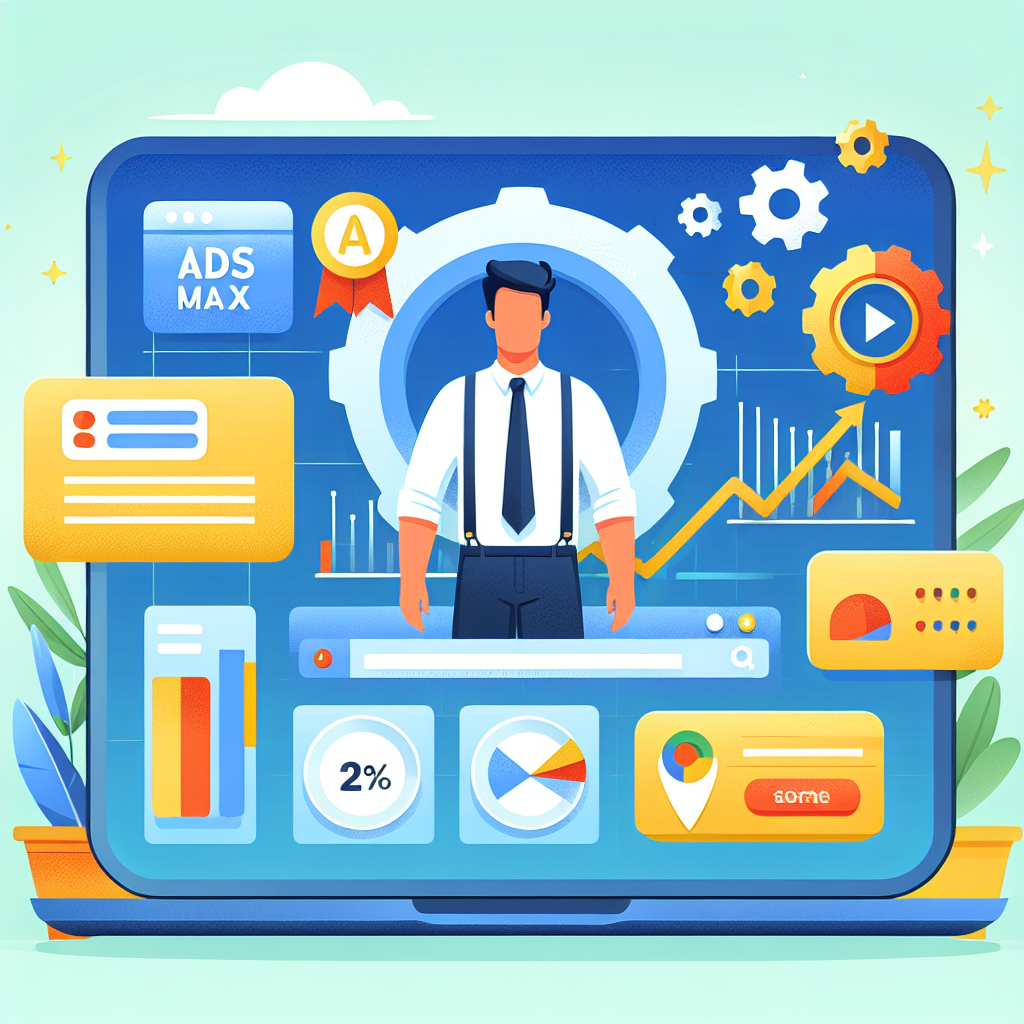 En illustration av en affärsman framför en stor skärm som visar olika affärsdiagram och statistik med kugghjul och ikoner för att symbolisera digital marknadsföring och analys.