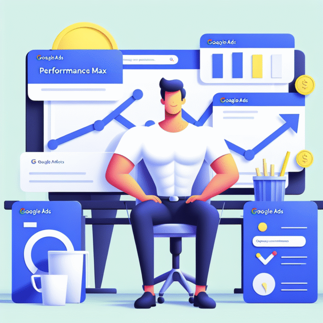 Illustration av en person som sitter framför en datorskärm med Google Ads-rapporter och grafer, omgiven av kontorstillbehör och symboler för ekonomisk framgång.