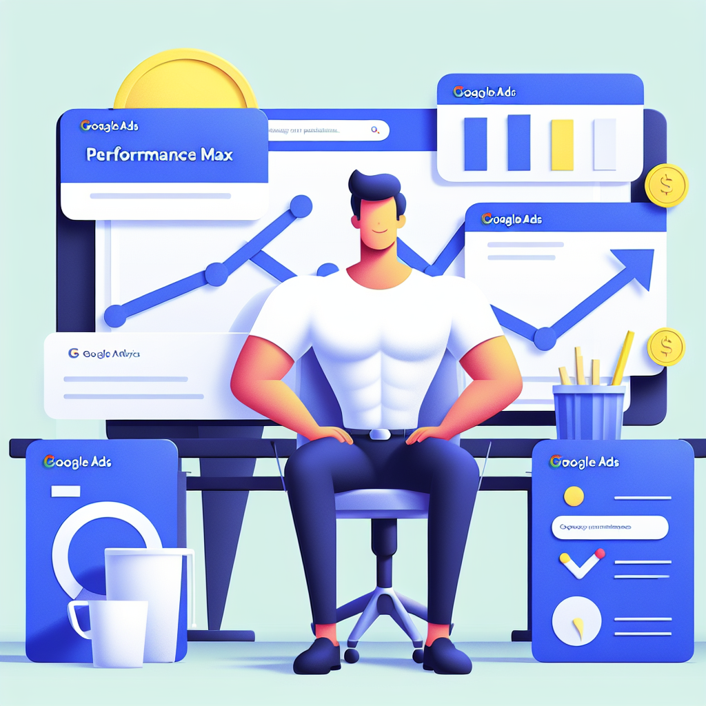 Illustration av en person som sitter framför en datorskärm med Google Ads-rapporter och grafer, omgiven av kontorstillbehör och symboler för ekonomisk framgång.