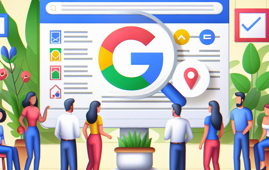 Illustration av människor som står runt en stor datorskärm med Googles logotyp och en förstorningsglasikon, omgiven av växter och symboler.