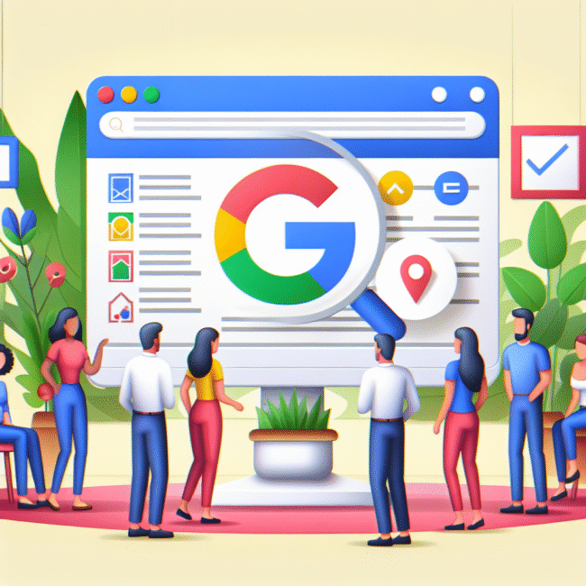 Illustration av människor som står runt en stor datorskärm med Googles logotyp och en förstorningsglasikon, omgiven av växter och symboler.