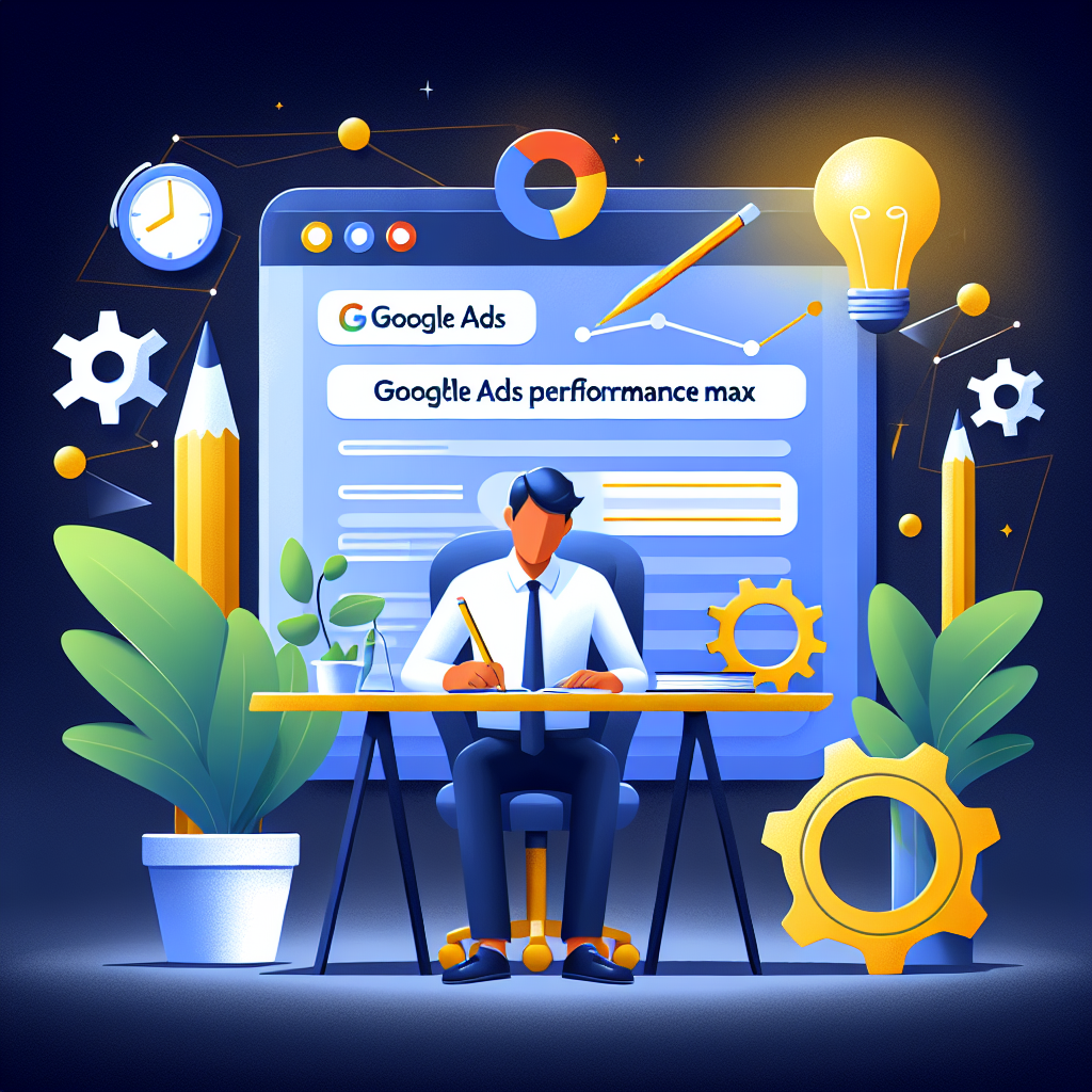 A colorful illustration av en person vid ett skrivbord med Google Ads på en skärm. Personen skriver, omgiven av växter och kugghjul, med symboler för kreativitet och produktivitet runt omkring.