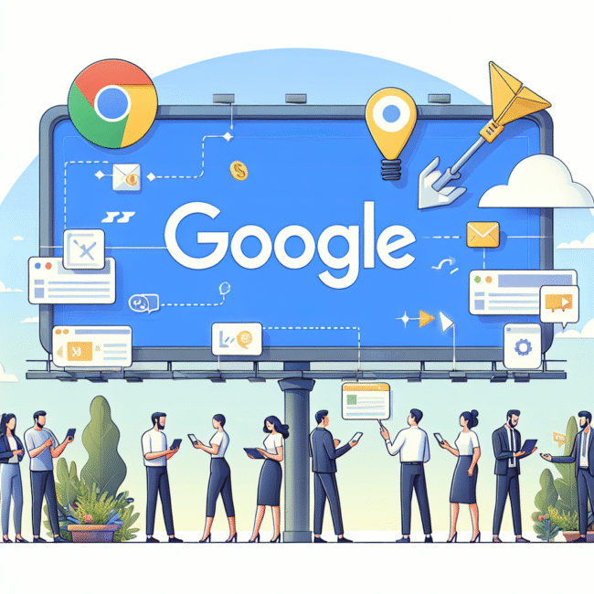 En stor reklamskylt med Google-logotyp, omgiven av symboler för webbläsare, kartnålar, kuvert och datorikoner, med nio affärsmänniskor framför, hållande teknikenheter.