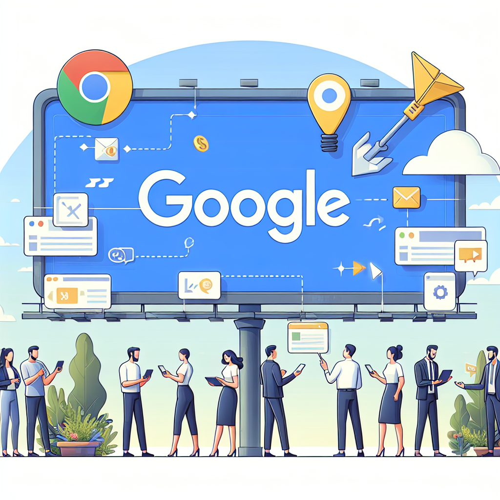 En stor reklamskylt med Google-logotyp, omgiven av symboler för webbläsare, kartnålar, kuvert och datorikoner, med nio affärsmänniskor framför, hållande teknikenheter.