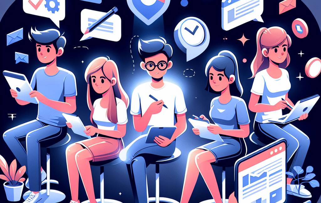 En tecknad bild av fem personer som sitter i en rad, var och en med en elektronisk enhet. Runt dem finns digitala ikoner som symboliserar arbetsverktyg och kommunikation.