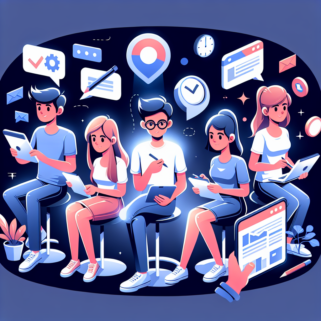 En tecknad bild av fem personer som sitter i en rad, var och en med en elektronisk enhet. Runt dem finns digitala ikoner som symboliserar arbetsverktyg och kommunikation.