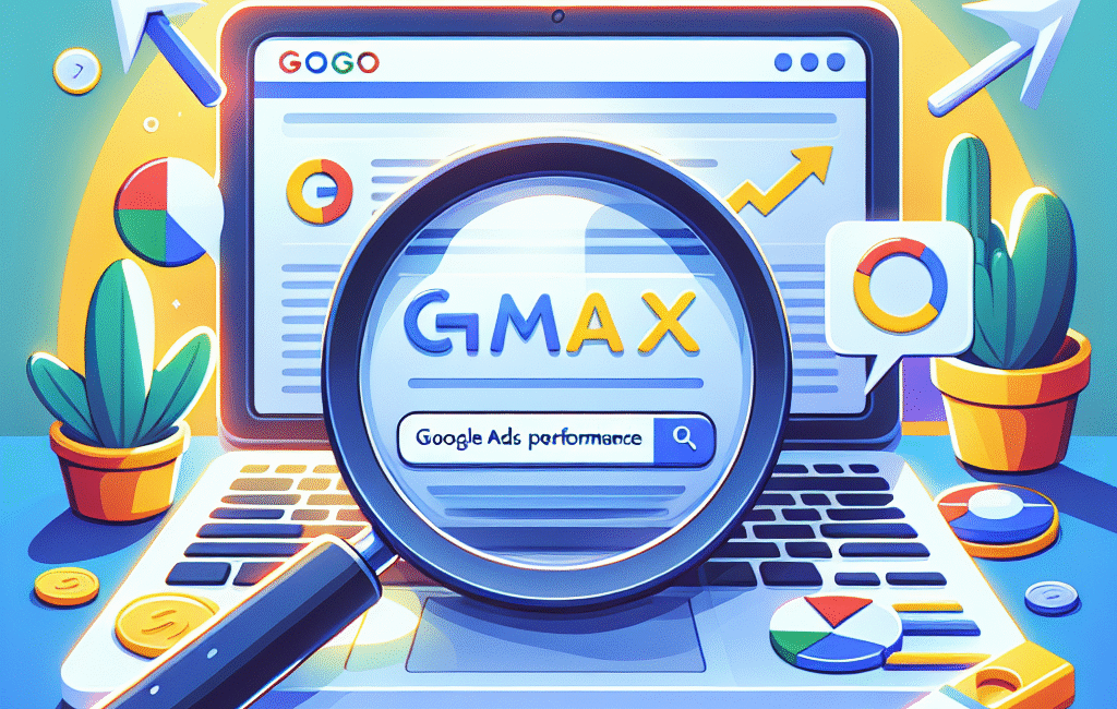 En tecknad illustration av en laptop som visar en webbsida med analysdiagram och texten "GMÄX", omgiven av en förstoringsglasikon. Kaktusväxter och skrivbordstillbehör i färgglada färger finns runt omkring.