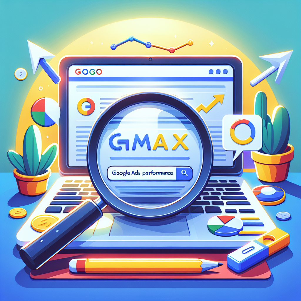 En tecknad illustration av en laptop som visar en webbsida med analysdiagram och texten "GMÄX", omgiven av en förstoringsglasikon. Kaktusväxter och skrivbordstillbehör i färgglada färger finns runt omkring.
