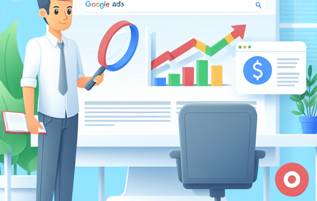 En ung man håller ett förstoringsglas framför en datorskärm som visar Google Ads med stapel- och linjediagram. En kontorsstol står framför skrivbordet.