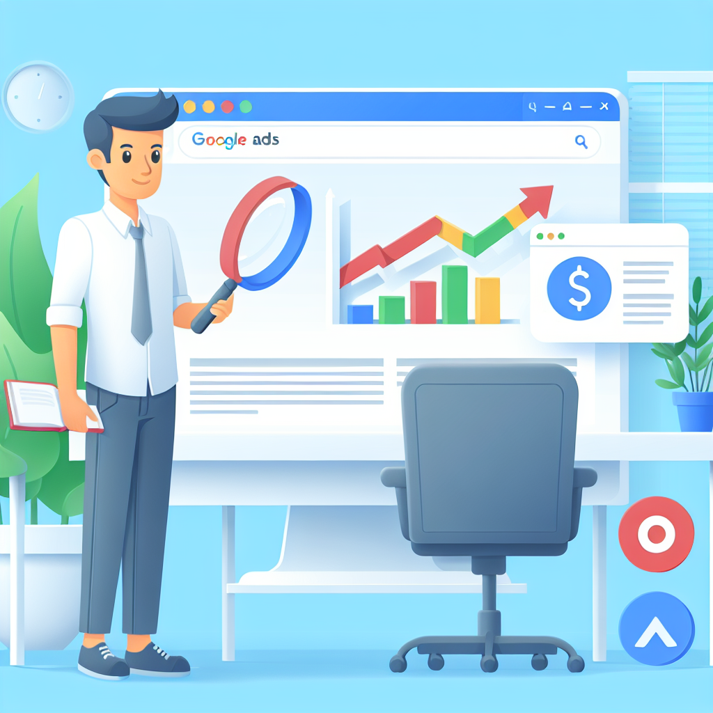 En ung man håller ett förstoringsglas framför en datorskärm som visar Google Ads med stapel- och linjediagram. En kontorsstol står framför skrivbordet.