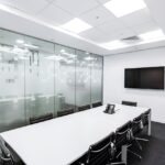 meeting room with table and screen